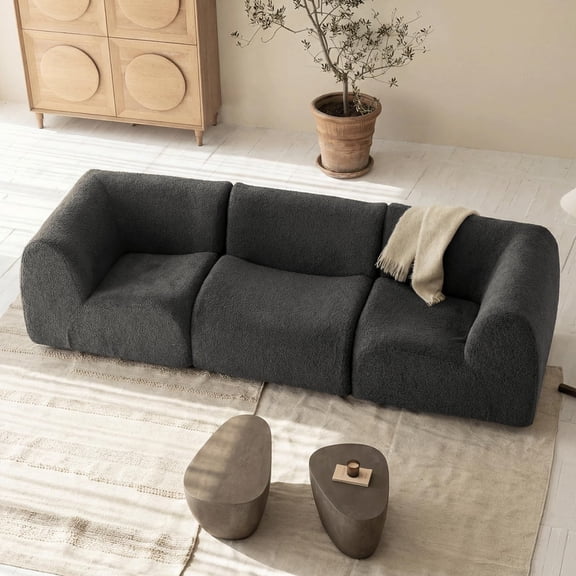 Vorthio 3-Seater Modular Sectional Sofa, Sherpa Fabric Boneless Sofas with High-Density Foam Strong Support for Living Room  No Assembly, Grey
