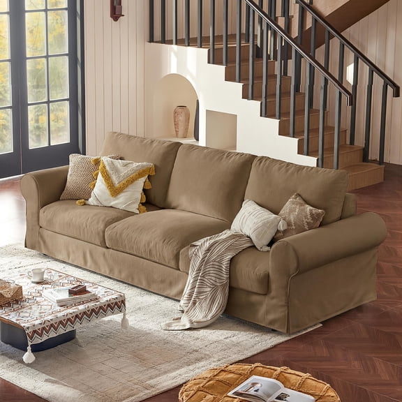 111.4" Oversized 3-Seater Cloud Couch, Deep Wide Seat Farmhouse Slipcovered Sofa with Rolled Arms, Washable Fabric for Living Room Khaki