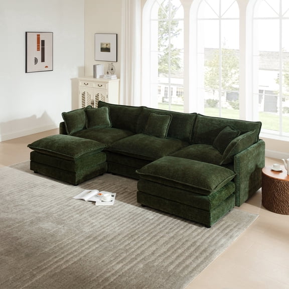 111.4" U-Shaped Modular Sectional Sofa, 5-Seat Chenille Cloud Couch with 2 Ottomans & 5 Pillows, Comfy Deep Seat for Living Room, Green