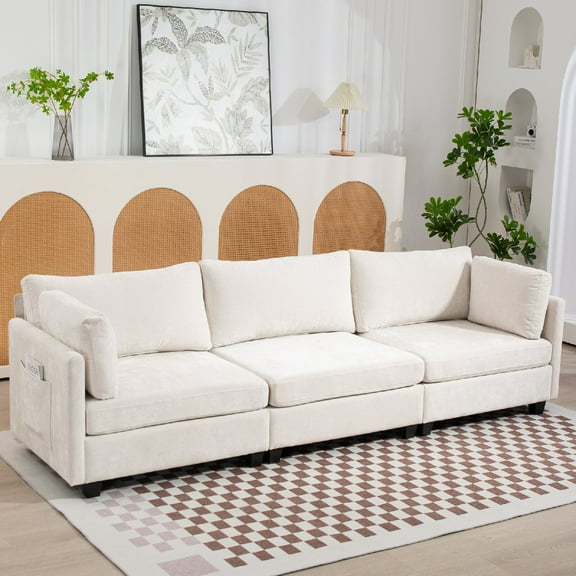 111.42" 3-Seater Chenille Deep Sofa, Comfy Chenille Fabric Couch, Conforms to Body Curves, Cloud-soft Sitting, with Ultra-soft Cushions & Side Pocket for Living Room, Apartment, Office, Beige