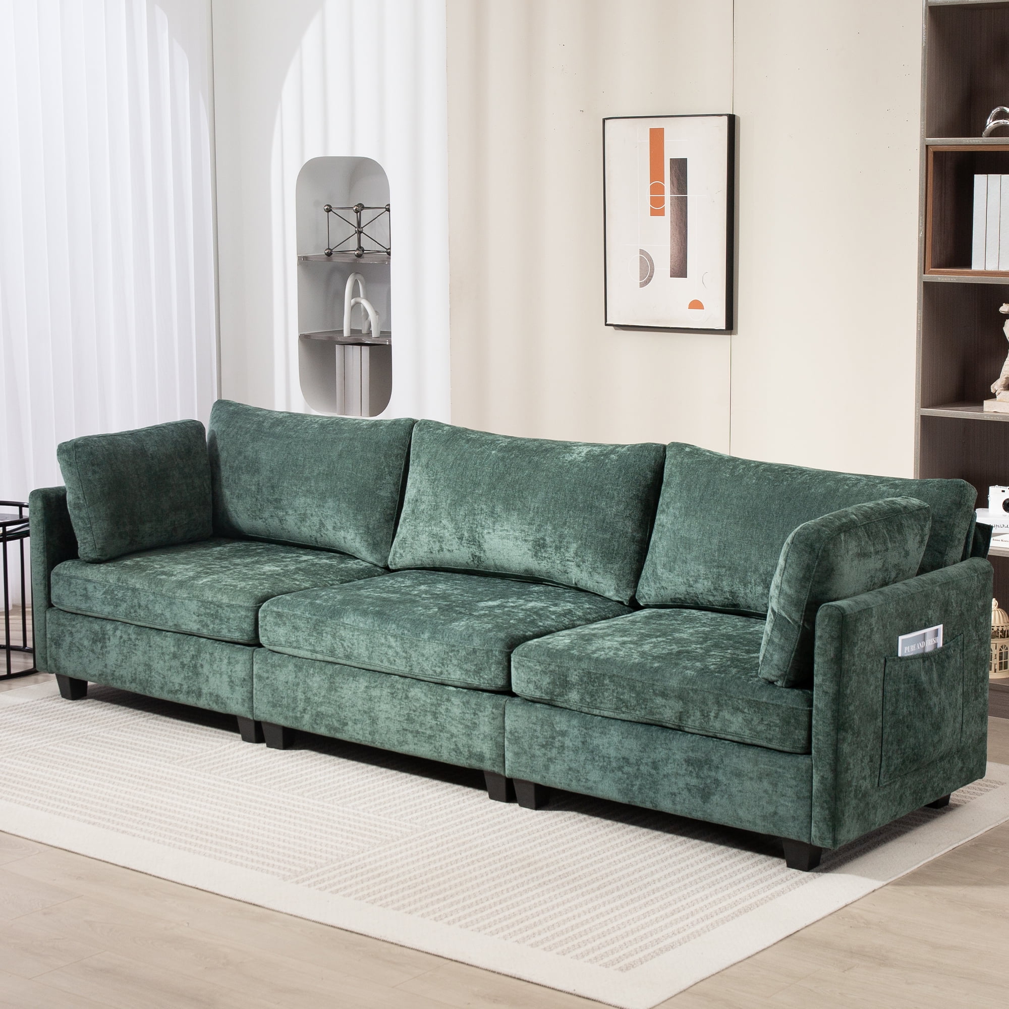 111.42*32.28 inches Comfortable three-seater chenille fabric sofa, soft to sit on, with super soft cushions and side pockets, suitable for living room, apartment. Three-seater deep sofa,Dark Green