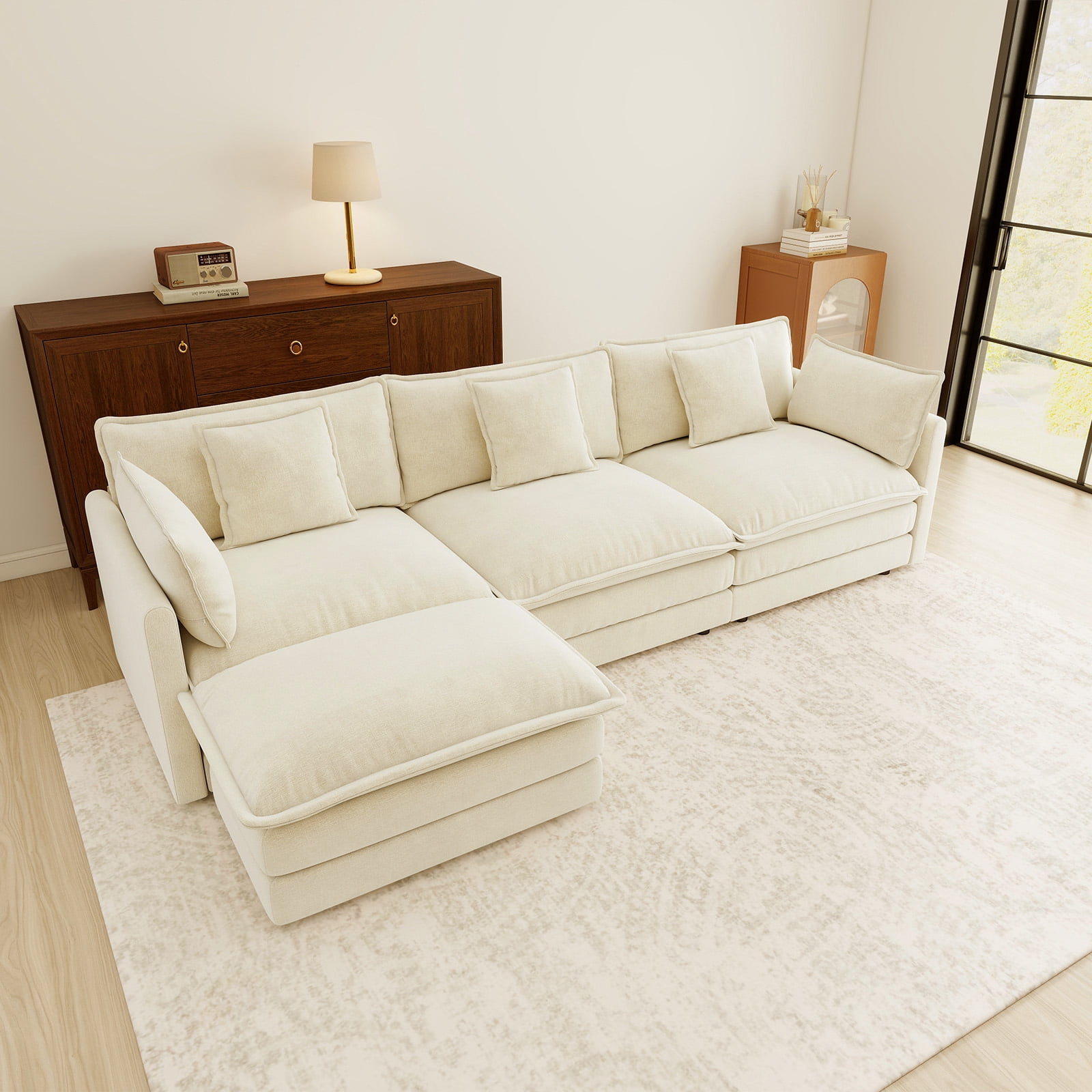 111.5” Beige White Modular Sofa, 3 Seater L Shaped Chenille Sectional for Living Room, Cloud Sectional Couch with Ottoman, Sofá moderno