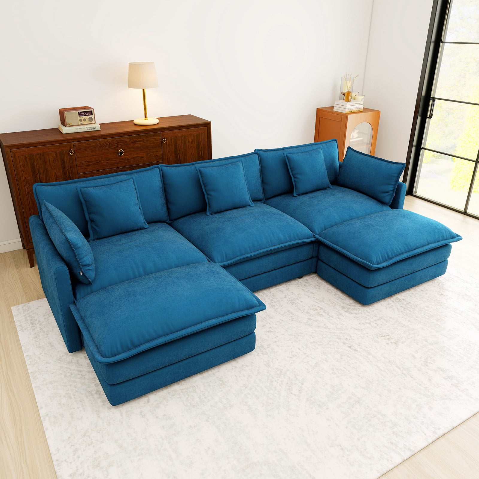 111.5” Blue Modular Sofa, 3 Seater U Shaped Chenille Sectional for Living Room, Cloud Couch with Ottoman, Sofá moderno