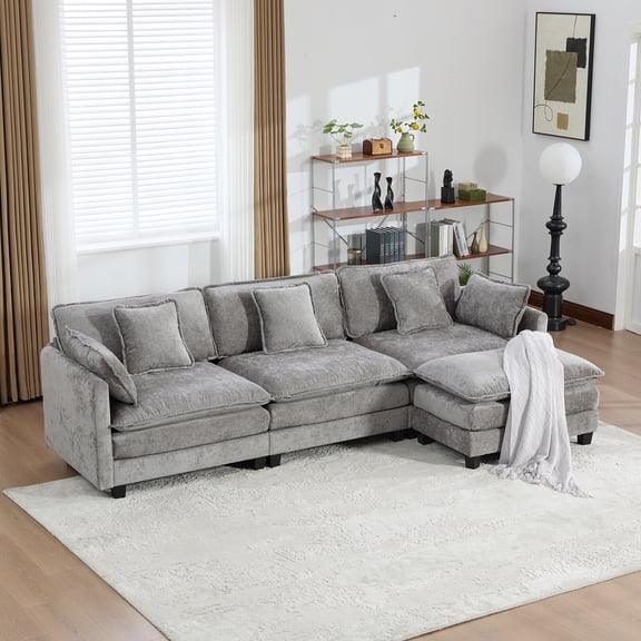 111.5” Gray Modular Sofa, 3 Seater L Shaped Chenille Sectional for Living Room, Cloud Sectional Couch with Ottoman, Sofá moderno