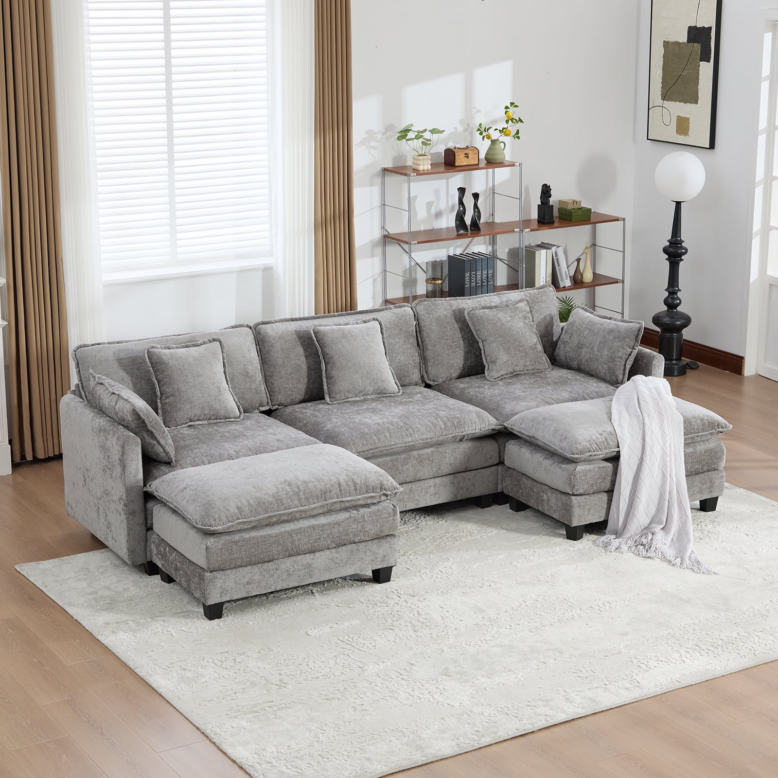 111.5” Gray Modular Sofa, 3 Seater U Shaped Chenille Sectional for Living Room, Cloud Couch with Ottoman, Sofá moderno