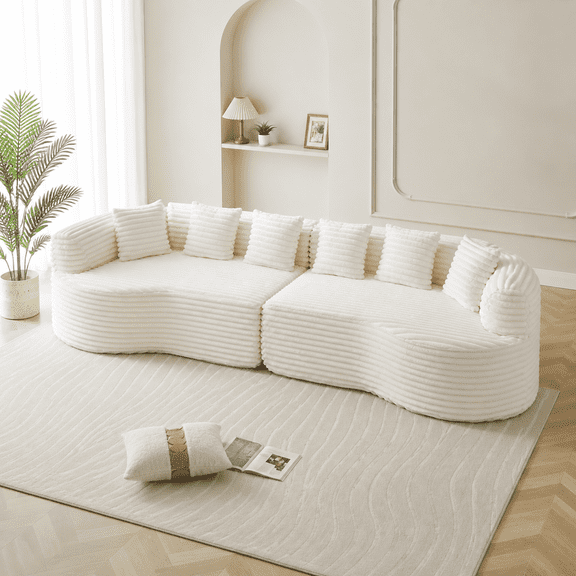 111.5-Inch Curved Sectional Sofa, 4-Seat Oversized Boneless Cloud Sofa with Memory Foam, Faux Rabbit Fur Corduroy, 6 Pillows, Beige