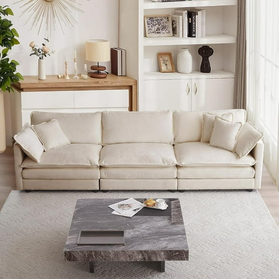 111.5" Modular Sectional Sofa,Comfy 3 Seater Chenille Cloud Couch with 5 Pillows,L Shaped Sectional Couches for Living Room,Apartment,Office,Beige