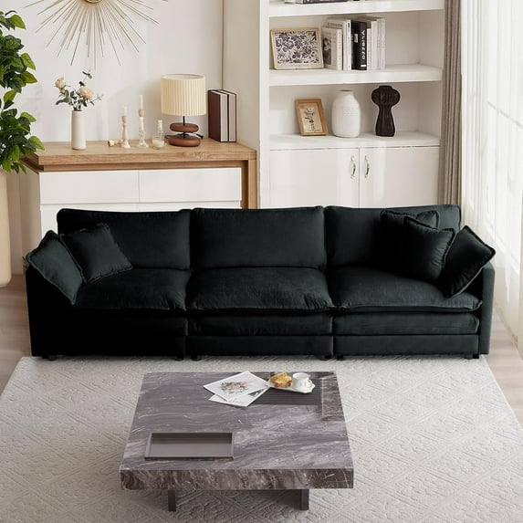 111.5" Modular Sectional Sofa,Comfy 3 Seater Chenille Cloud Couch with 5 Pillows,L Shaped Sectional Couches for Living Room,Apartment,Office,Black