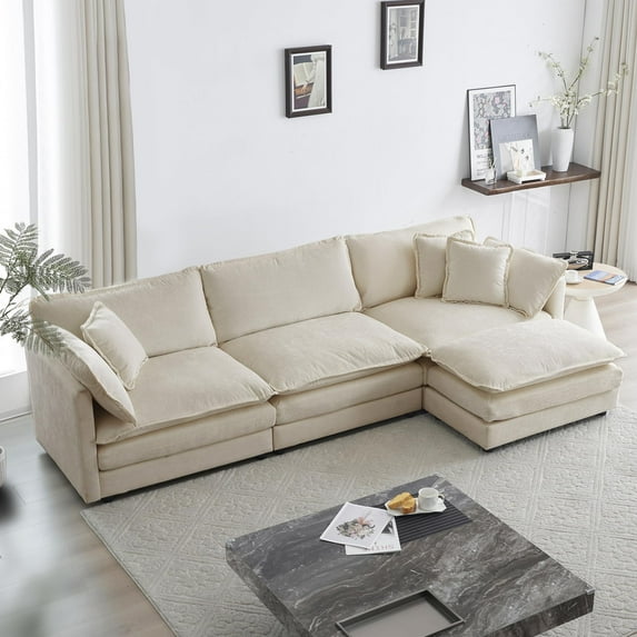 111.5“ Modular Sectional Sofa with Movable Ottoman,Comfy Chenille L Shaped Deep Seat Cloud Couch,3-Seater Sectional Couches for Living Room,Apartment,Office,Beige