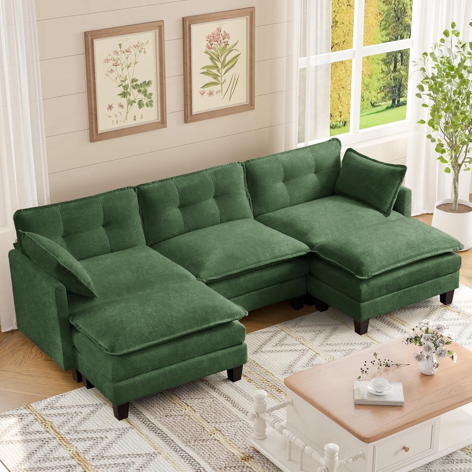 Amsleekey 111.5" Modular Sectional Sofa with 2 Movable Ottomans, U-Shaped Modern Chenille Cloud Couch for Living Room, Comfy Deep Seat Large Daybed, Green