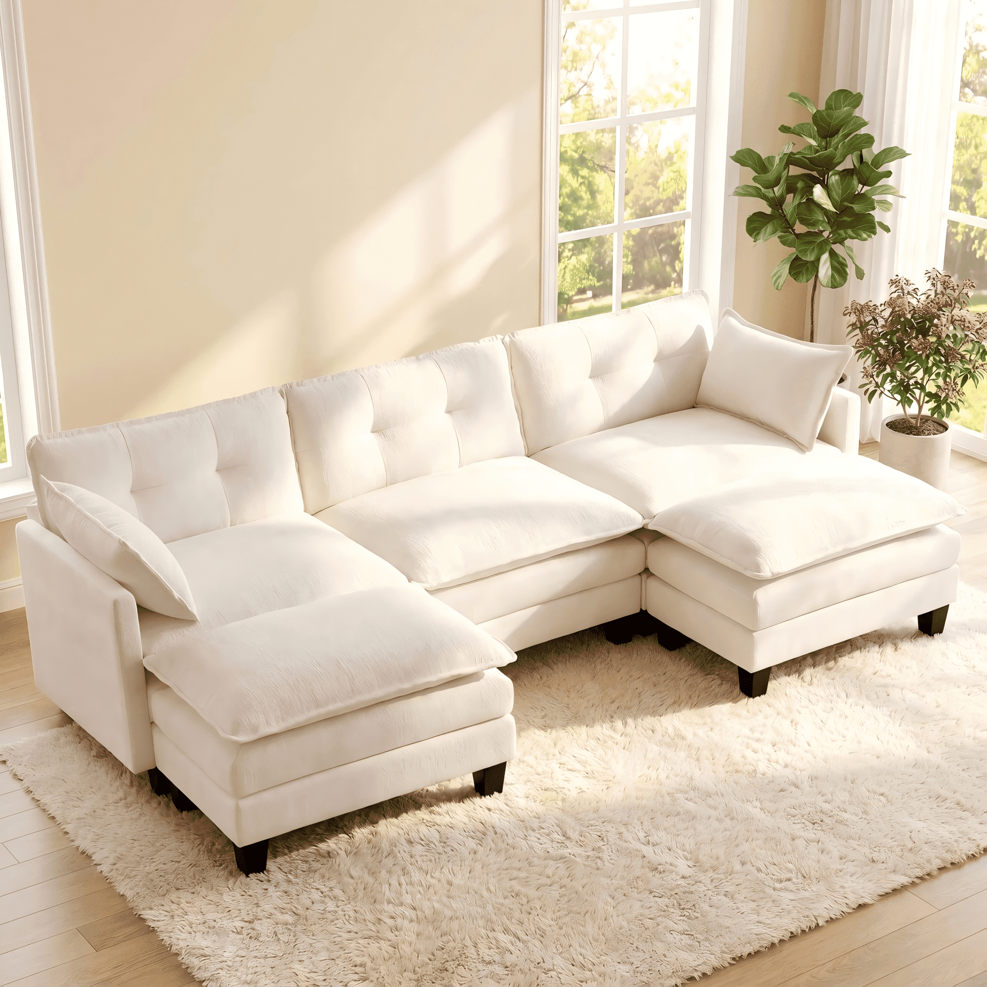 Amsleekey 111.5" Modular Sectional Sofa with 2 Movable Ottomans, U-Shaped Modern Chenille Cloud Couch for Living Room, Comfy Deep Seat Large Daybed, Beige