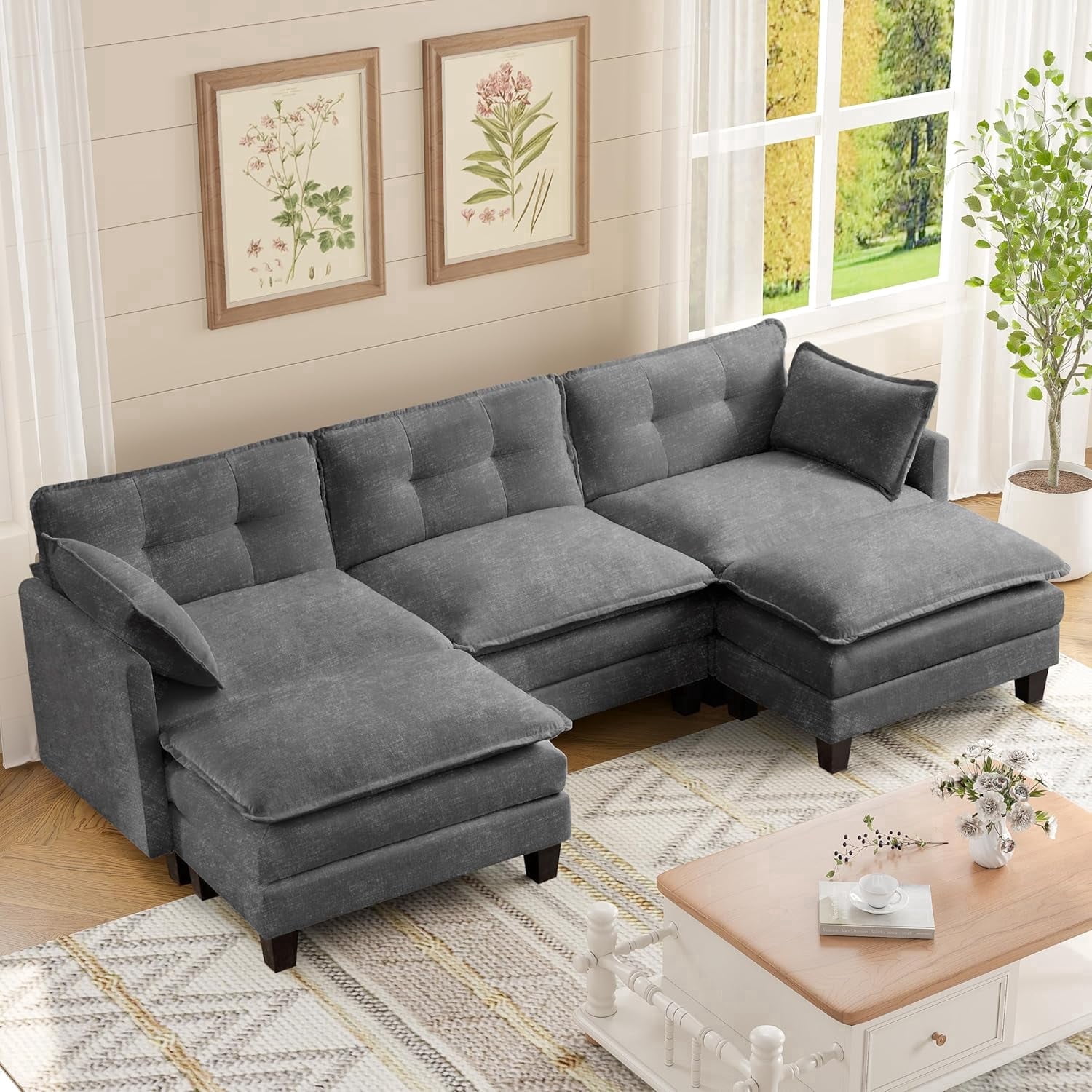 Amsleekey 111.5" Modular Sectional Sofa with 2 Movable Ottomans, U-Shaped Modern Chenille Cloud Couch for Living Room, Comfy Deep Seat Large Daybed, Grey