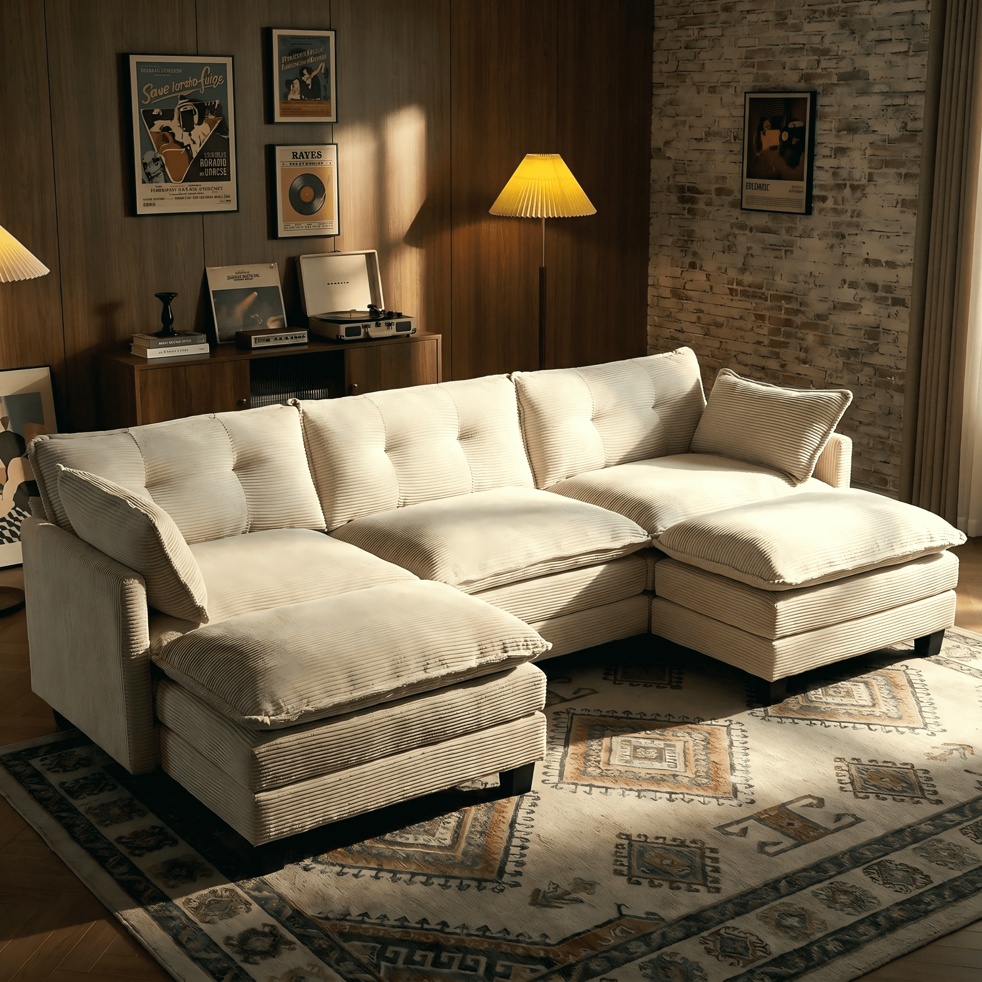 Amsleekey 111.5" Modular Sectional Sofa with 2 Movable Ottomans, U-Shaped Corduroy Cloud Couch for Living Room, Super Comfy 3-Seat Daybed Bed, Beige