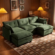 Amsleekey 111.5" Modular Sectional Sofa with 2 Movable Ottomans, U-Shaped Modern Corduroy Cloud Couch for Living Room, Comfy Deep Seat, Green