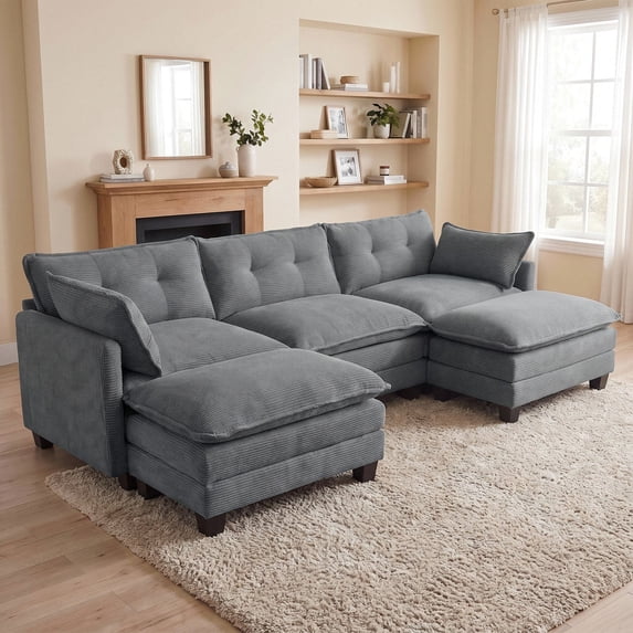 Amsleekey 111.5" Modular Sectional Sofa with 2 Movable Ottomans, U-Shaped Modern Corduroy Cloud Couch for Living Room, Comfy Deep Seat, Grey