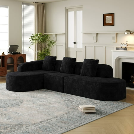 111.8-Inch L-Shaped Curved Modular Sofa with Left Facing Chaise, Modern Design Featuring Lychee-Textured Long-Pile Polyester Fabric, Curved Backrest with Three Pillows (Black)