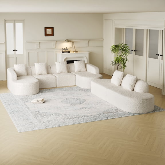 111.8-Inch L-Shaped Curved Modular Sofa with Lychee-Textured Long-Pile Polyester Fabric, Modern Design Curved Backrest and Three Pillows for Living Room