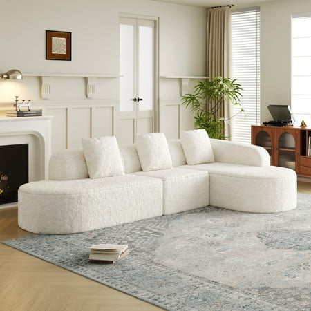 111.8-Inch L-Shaped Curved Modular Sofa with Right Facing Chaise, Modern Design Featuring Lychee-Textured Long-Pile Polyester Fabric, Curved Backrest with Three Pillows (White)