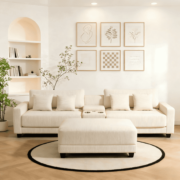 LOYALICE 111.8" L-Shaped Modular Sectional Sofa with Ottoman, 4-Seat Oversized Corduroy Couch with Storage Box, USB/Type-C Port & 2 Cup Holders for Living Room, Beige