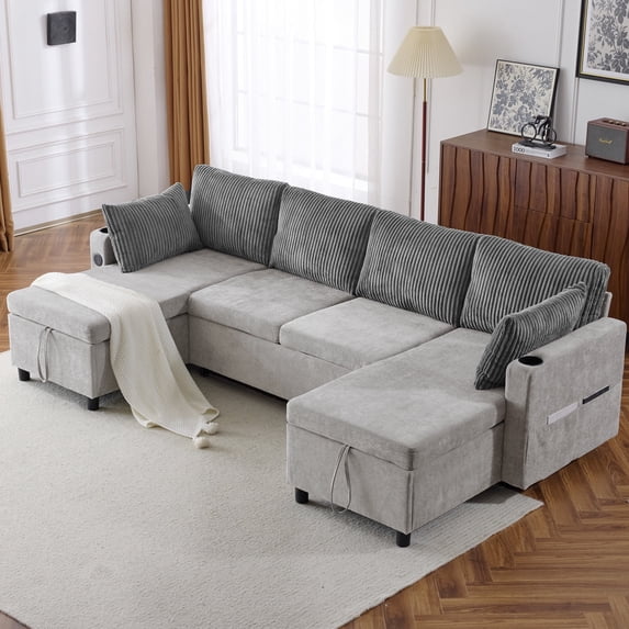 111.8" Modular Sectional Sofa with Charging Station, U-Shaped Cloud Couch with Pullout Sofa Bed, 2 Storage Chaises & 2 Cup Holders and for Living Room, Grey