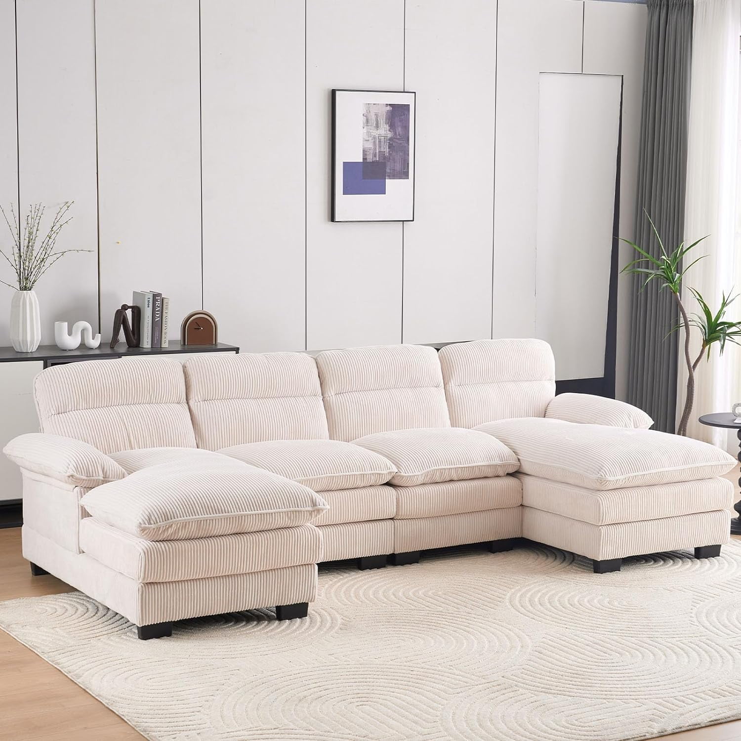 111.8" Sectional Sofa Cloud Couch, Modern Corduroy U Shaped Couch