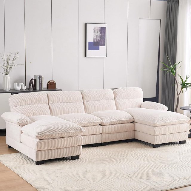111.8" Sectional Sofa Cloud Couch, Modern Corduroy U Shaped Couch, Comfy Modular Sofa Sleeper