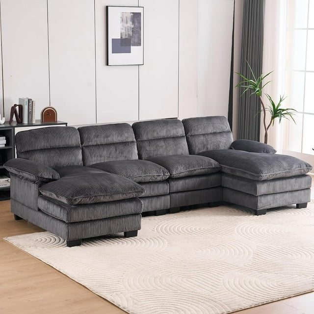 111.8" Sectional Sofa Cloud Couch, Modern Corduroy U Shaped Couch, Comfy Modular Sofa Sleeper