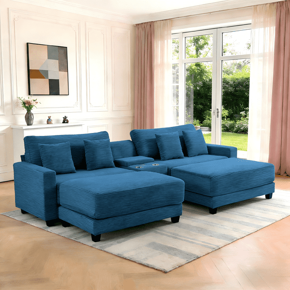 LOYALICE 111.8" U-Shaped Modular Sectional Sofa with 2 Ottomans, 4-Seat Oversized Corduroy Couch with Storage Box, USB/Type-C Port & 2 Cup Holders for Living Room, Navy