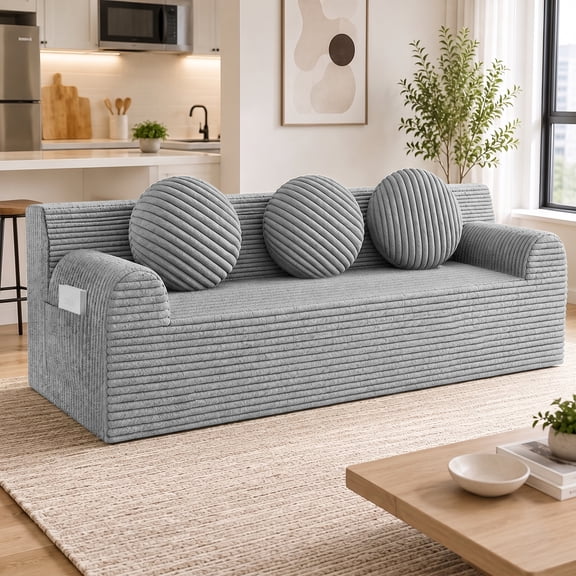 UHOMEPRO 3 Seater Cloud Couch, 71" Corduroy Cloud Sofa with High Density Foam, No Assembly Low Profile Floor Couch for Apartment, Bedroom, Small Space, 1200lbs, Gray
