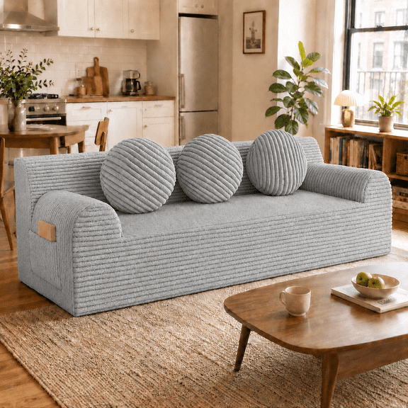 UHOMEPRO 3 Seater Corduroy Sofa, 71 Inch Compact No Assembly Couch with 30D High Density Foam, Low Profile Cloud Floor Sofa for Apartment Bedroom Small Living Room, Light Gray