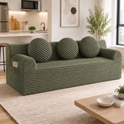 UHOMEPRO 3 Seater Corduroy Sofa, 71 Inch Compact No Assembly Couch with 30D High Density Foam, Low Profile Cloud Floor Sofa for Apartment Bedroom Small Living Room, Green