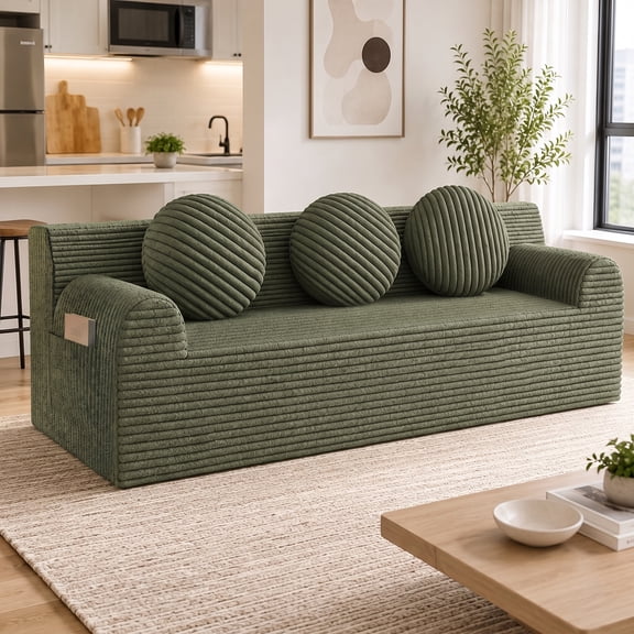 UHOMEPRO 3 Seater Corduroy Sofa, 71 Inch Compact No Assembly Couch with 30D High Density Foam, Low Profile Cloud Floor Sofa for Apartment Bedroom Small Living Room, Green