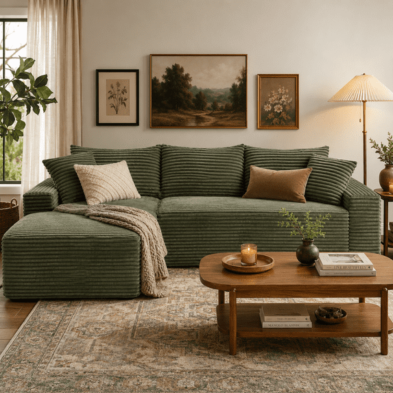 UHOMEPRO Full-Size 4-Seater Modular Sectional Sofa with Chaise, Deep Seat L-Shaped Cloud Couch for Living Room, No Assembly Family Cloud Sofa, Plush Corduroy Fabric,