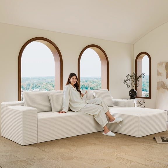 UHOMEPRO Full-Size 4-Seater Modular Sectional Sofa with Chaise, Deep Seat L-Shaped Cloud Couch for Living Room, No Assembly Family Cloud Sofa, Plush Corduroy Fabric, White