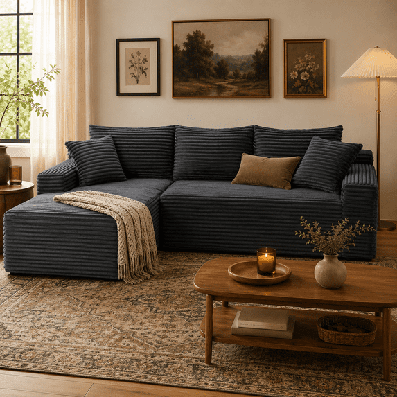 UHOMEPRO Full-Size 4-Seater Modular Sectional Sofa with Chaise, Deep Seat L-Shaped Cloud Couch for Living Room, No Assembly Family Cloud Sofa, Plush Corduroy Fabric, Gray