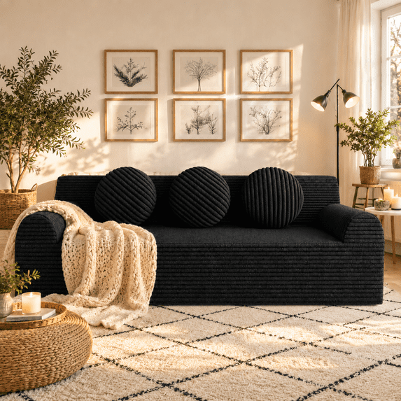 UHOMEPRO 71"W Sofa and Couch, 3 Seater Extra Deep Seat Cloud Couch with 3 Pillows and Side Pockets for Living Room Small Space, 1200lbs, Black