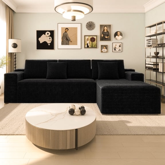 UHOMEPRO Full-Size 4-Seater Modular Sectional Sofa with Chaise, Deep Seat L-Shaped Cloud Couch for Living Room, No Assembly Family Cloud Sofa, Plush Corduroy Fabric, Black