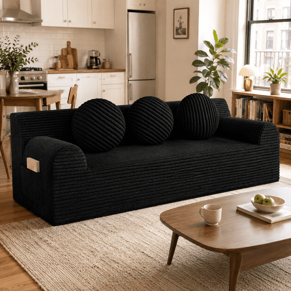 UHOMEPRO 3 Seater Corduroy Sofa, 71 Inch Compact No Assembly Couch with 30D High Density Foam, Low Profile Cloud Floor Sofa for Apartment Bedroom Small Living Room, Black