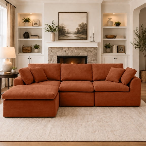 Vanress 111" Modular Sectional Sofa, Corduroy Boneless Sofas for Living Room, Deep Seat Memory Foam L-Shape Couch with Ottoman, Convertible Modular Sofa Couch, No Assembly (Orange)