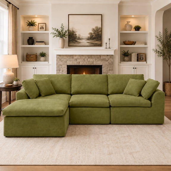 Vanress 111" Modular Sectional Sofa, Corduroy Boneless Sofas for Living Room, Deep Seat Memory Foam L-Shape Couch with Ottoman, Convertible Modular Sofa Couch, No Assembly (Green)