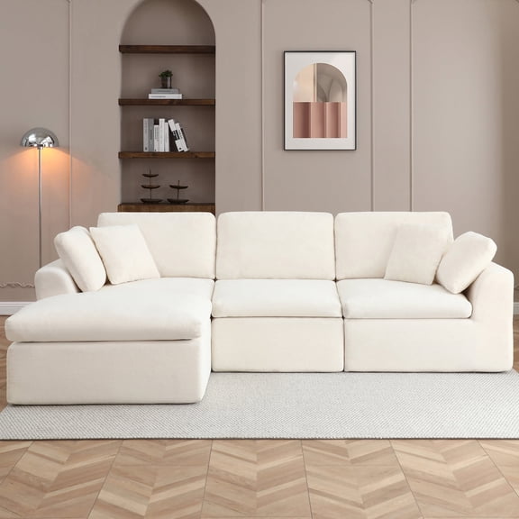 Vanress 111" Modular Sectional Sofa, Corduroy Boneless Sofas for Living Room, Deep Seat Memory Foam L-Shape Couch with Ottoman, Convertible Modular Sofa Couch, No Assembly (Beige)