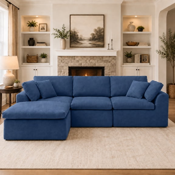 Vanress 111" Modular Sectional Sofa, Corduroy Boneless Sofas for Living Room, Deep Seat Memory Foam L-Shape Couch with Ottoman, Convertible Modular Sofa Couch, No Assembly (Blue)