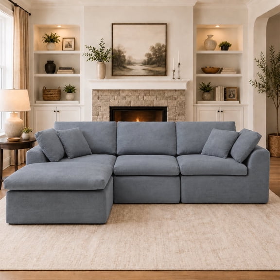 Vanress 111" Modular Sectional Sofa, Corduroy Boneless Sofas for Living Room, Deep Seat Memory Foam L-Shape Couch with Ottoman, Convertible Modular Sofa Couch, No Assembly (Grey)