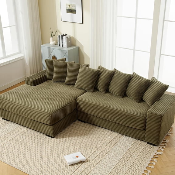 111'' Modern Sectional Sofa, L-Shaped Corduroy Couch with Left Chaise Daybed, Extra-Wide Oversized Lounge, 8 Pillows, Corner Sofa Set for Living Room, Apartment, Office, Hotel, Bedroom, Green