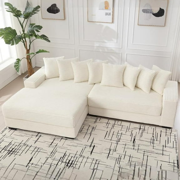 111'' Modern Sectional Sofa, L-Shaped Corduroy Couch with Left Chaise Daybed, Extra-Wide Oversized Lounge, 8 Pillows, Corner Sofa Set for Living Room, Apartment, Office, Hotel, Bedroom, Beige