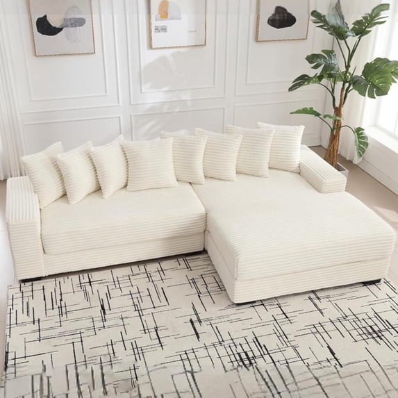 111'' Modern Sectional Sofa, L-Shaped Corduroy Couch with Right Chaise Daybed, Extra-Wide Oversized Lounge, 8 Pillows, Corner Sofa Set for Living Room, Apartment, Office, Hotel, Bedroom, Beige