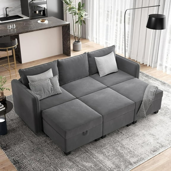 111" Modular Sectional Sleeper Sofa Bed, 7-Seat U/V-Shape Modular Sleeper Sectional Couches, Sectional Couch with 3 Ottomans Deep Seat Storage Sofa Chaise with Removable Covers&Storage Ottomans