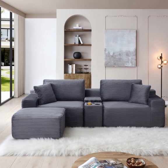 Vanress 111" Modular Sectional Sofa Couch for Living Room, Corduroy Boneless Sofas, Oversized Modern Cloud Couch, L Shape Couches with Ottomans, USB Ports and Cup Holders, Grey