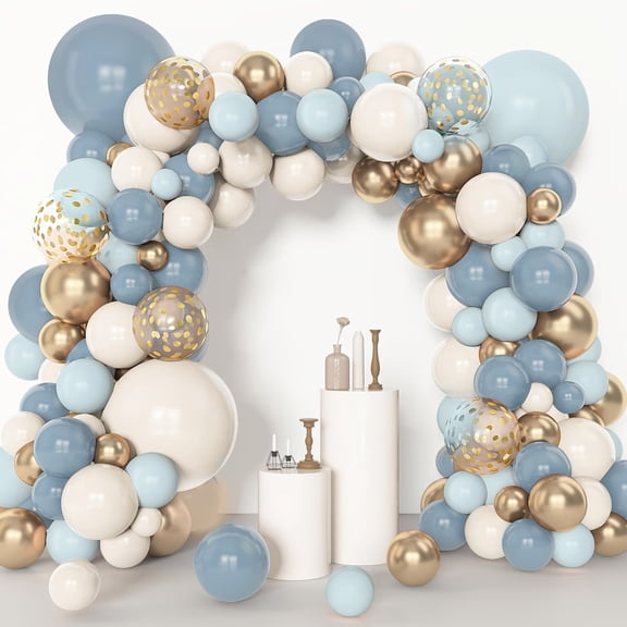 111-Piece Light Blue Balloon Arch Garland Kit - Slate Fog Blue, Sand White & Metallic Gold for Bridal Showers & Boho Birthday Parties