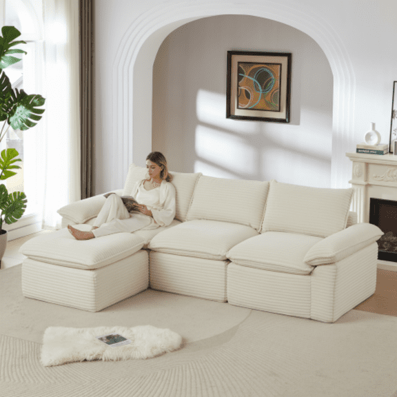 111" Premium Corduroy Modular Sectional Sofa, Modern Boneless Sectional Sofa with High-Density Sponge, Deep Seat Chaise Lounge with Cloud-Like Design for Living Spaces & Offices​, White